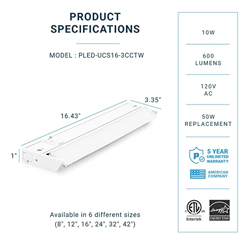 PARMIDA LED Swivel Under Cabinet Lighting, Hardwired or Plug-in Installation, 16 Inch, 10W, 3CCT Color Selectable - 3000/4000K/5000K, Rotatable Lens, Dimmable, Linkable, 120V, 600LM, White