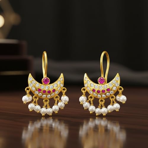 Image of VAMA FASHIONS 18K Gold Plated Anti Tarnish Half Moon Peacock Shape Traditional Maharashtrian Press on Bugadi Upper Ear Clip on Earrings For Women & Girls