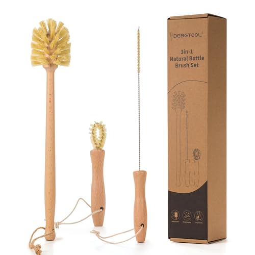 DEBETOOL Natural Bottle Brush Set 3-in-1-13.7 Inch Long Handle Wooden Bottle Brush for Cleaning Water Bottle Cleaner Brush for Cups & Wide Mouth Jars