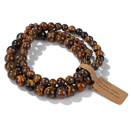 3 PCS Healing Crystal Bracelets for Women 8mm Natural Stone Beaded Stretch Bracelet Jewelry Gifts (Tiger Eye 3)