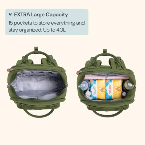 BabbleRoo Extra Large Diaper Bag Backpack, Expandable Baby Bag with Up to 50% More Capacity - Travel Essentials Baby Bag Tote with Changing Pad, Stroller Straps & Pacifier Case - Unisex, Forest Green