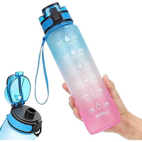 Sport Water Bottle, 1L Large Capacity Leakproof Water Bottle Eco-friendly Portable Sports Bottles Drink Bottles with Time Marker for School Outdoor Camping Gym Sports Fitness - Blue/Purple Gradient Cover