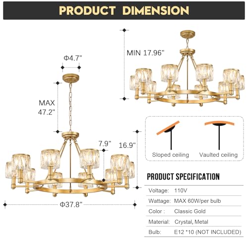 FookChak Lustre de roda de vagão dourado lustre de cristal para sala de estar moderno lustre de sala
