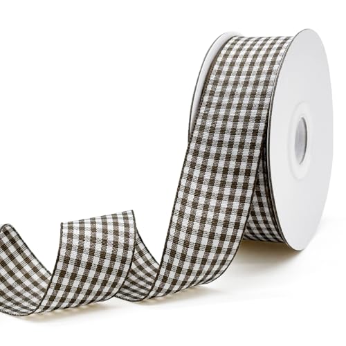PQZKLDP 1' Brown White Gingham Ribbon Roll, 20 Yards