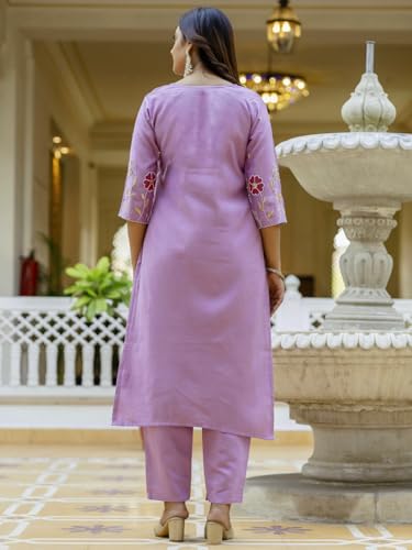 Image of VredeVogel Women's Beads Embroidered Silk Blend Kurta Pant Set with Organza Dupatta | Perfect for Festive & Casual Ethnic Kurta Set for Women