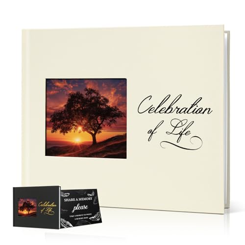 Image of Funeral Guest Book, Celebration of Life GuestBook with Photo Slot | 330 Entries, Table Sign Card Included, Gold Stamping, Twill-Textured Paper Cover, in Loving Memory Keepsake, 9x7.5 inch, Beige