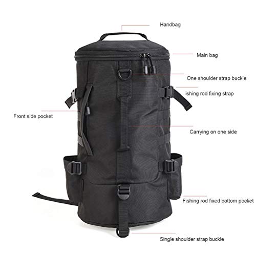 Foto von BASOYO Zylindrischer Angelrucksack Rucksack aus Polyester mit großer Kapazität Rucksack mit Rutenhalter Angelausrüstungstasche, Angelaufbewahrungsbeutel