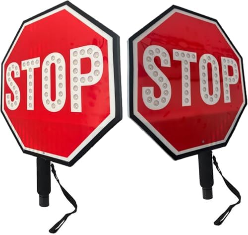 Double-Sided Handheld Stop-Slow Traffic Sign with Reflective Surface, Rechargeable LED Light, Steady/Flashing Modes for Enhanced Road Safety