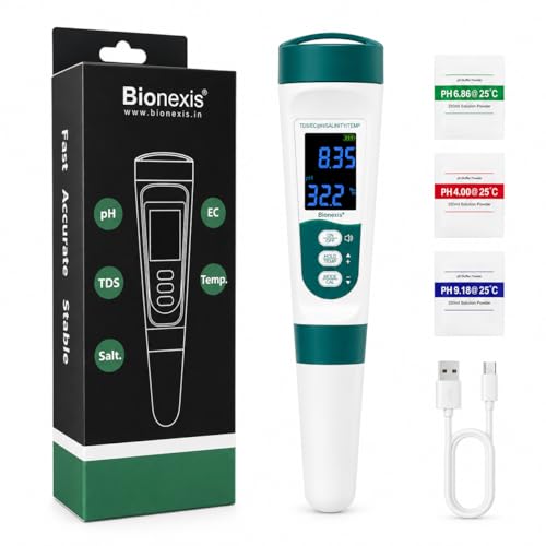 Image of Bionexis 5-in-1 Digital PH and TDS Meter with Voice Function | Accurate PH, TDS, EC, Salinity & Temperature | Waterproof & Rechargeable for Swimming Pools, Aquariums, Hydroponics and Drinking Water
