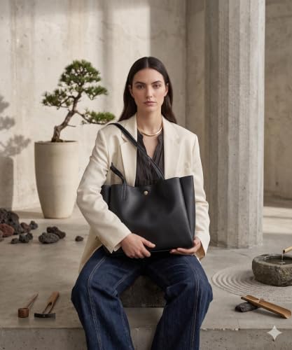 Image of Pure Vegan Leather Tote Bag for Women, Fully Embossed, Handbag, Shoulder Bag, Black
