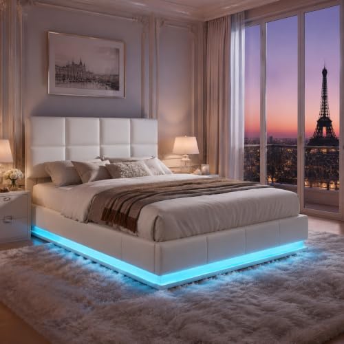 Lit 140x190 avec Sommier Éclairage LED, Lit Coffre 140x190 avec Rangement, Similicuir Blanc Cassé, Lit Capitonné, Lit Double 2 Personnes, Design Moderne et Confortable pour Adultes et Adolescents