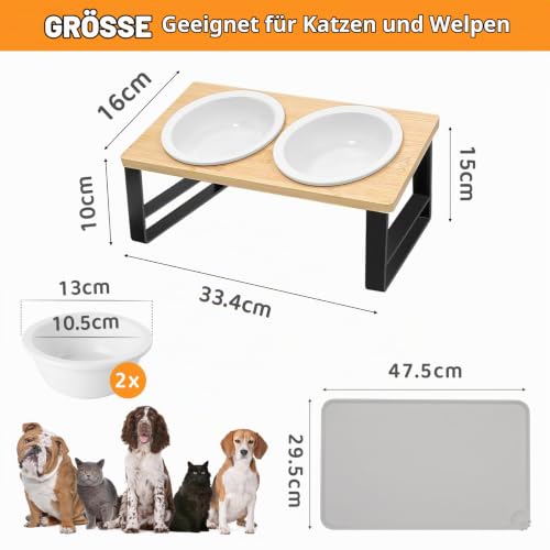 Keramischer Futternapf mit 15° Gekippter Katzenstation, Metallhalter und Silikonunterlage, 350ML Fressnapf und Wassernapf für Katzen und Hunde