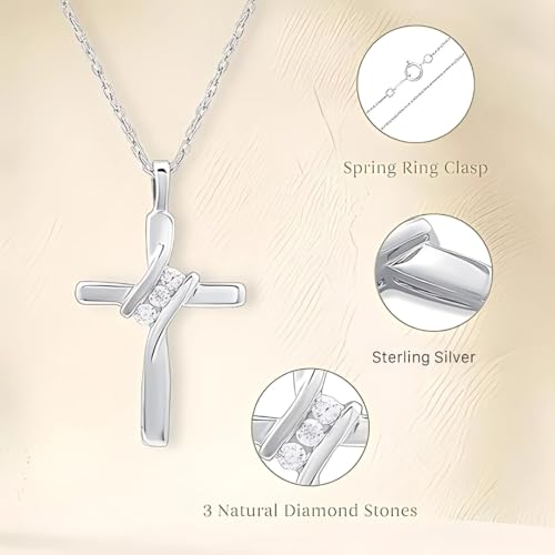 GILDED Small 14KT Yellow Gold Plated & Sterling Silver Natural Round-Cut Diamond Accent 3 Stone Cross Pendant with an 18 Inch Chain2