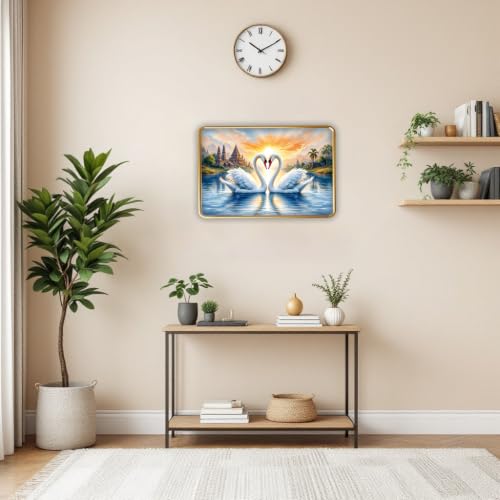 Image of Vastu Swan Pair Photo Frame, Gold, Slim, Sparkle Coated Lamination, 12x18 Inch, for Living Room and Office (Design 7, 30L x 45W cm)