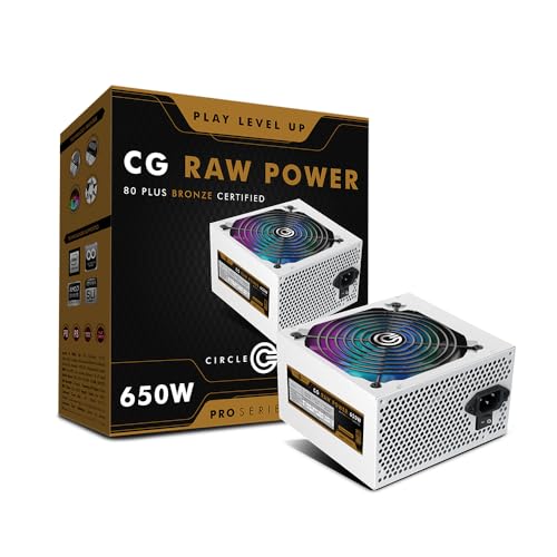 Image of Circle CG RAW Power 650 WATTS Gaming Power Supply /PSU - Non-Modular | 80 Plus Bronze Certified | 140mm RGB Fan | with Active PFC, Flat Black Cables | 650 Watt -White