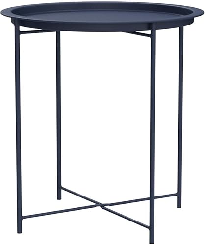 Miniatura 5 de VECELO Mesas auxiliares modernas, bandeja plegable redonda de metal, mesita de noche estable para exteriores, espacio pequeño, sala de estar y