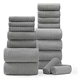 18 Piece Bath Towels Set,Ultra Soft Family Bathroom Towel Set with Hanging Loops-6 Bath Towels,6 Hand Towels,6 Washcloths,Highly Absorbent Quick Dry Shower Towel for Bathroom,Hotel,Spa-Grey Towel Set