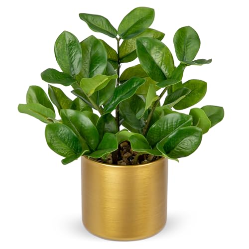 Briful Faux Plants Indoor Artificial ZZ Plant with Gold Pot 11.8in Realistic Fake Silk Plants for...
