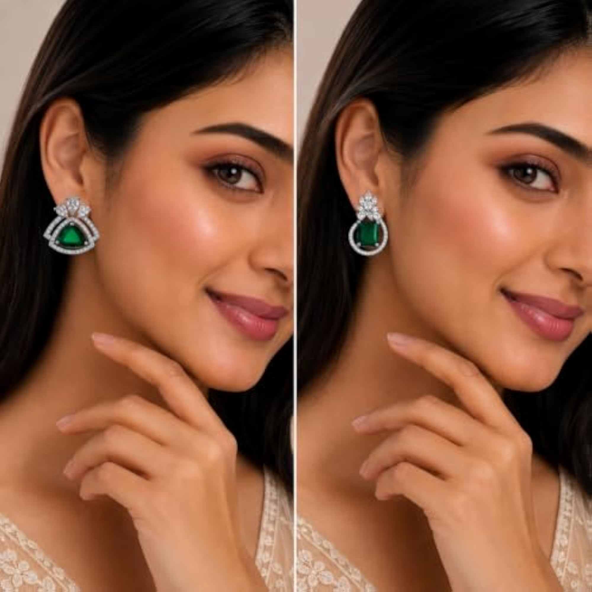 Women's Rhodium Plated American Diamond Stud Earrings, Elegant