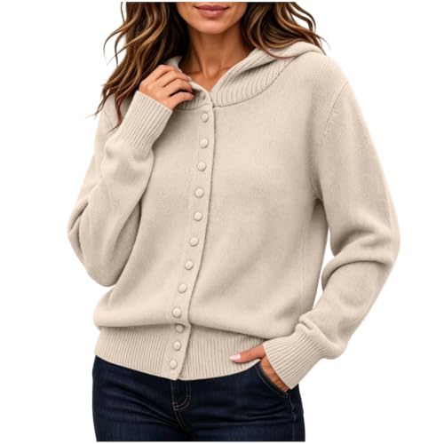 Xibaoom Kapuzenjacke Damen, Damen Strickjacke mit Kapuze und Knopfleiste aus weichem Feinstrick mit Rippbündchen Warmer Strick Cardigan für Herbst Winter Alltag Lounge Sweatjacke Kapuzenjacke