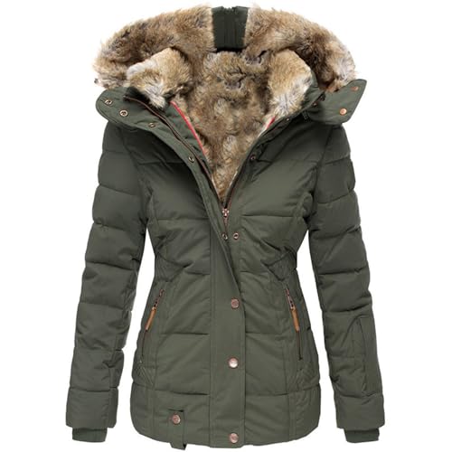 Damen Wintermantel Parka Fleece Gefüttert Warm mit Fellkapuze Wasserdicht...