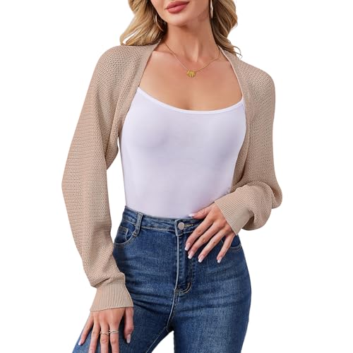 Image of Women's Bolero Shrug Sweater Cropped Cardigan Long Sleeve Open Front Casual Arm Knit Shrugs Sweaters for Dresses