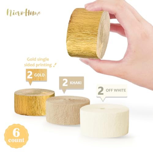 Image of NICROHOME EUR Wedding Decorations, 6 Rolls Ivory White Gold Light Brown Crepe Paper Streamers for Bridal Shower, Birthday Party, Golden Engagement Party, New Year Decorations 82 Ft Long