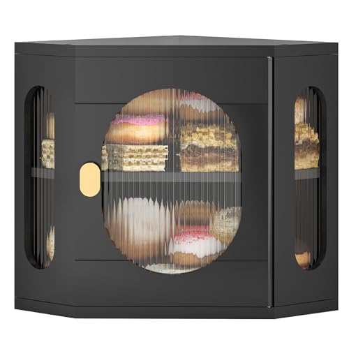 TQQDCI Corner Bread Box for Kitchen Countertop - Large Dual Layer Wooden Storage Bin with Acrylic Window, Ideal for Homemade Bread, Black