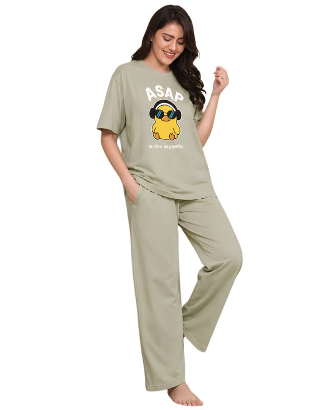 Women's Pure Cotton Top and Pyjama Co-Ord Set | ASAP Graphic Printed Night Suit | Regular Fit Half Sleeve Round Neck T-Shirt with Pajama Sleepwear Loungewear Set (Pista, L)-image-37