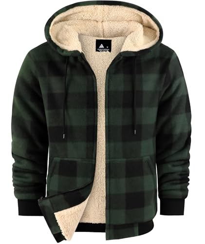 Image of Mens Plaid Hoodies Winter Zip Up Fleece Jacket Sherpa Fleece Lined Warm Flannel Jacket Coat