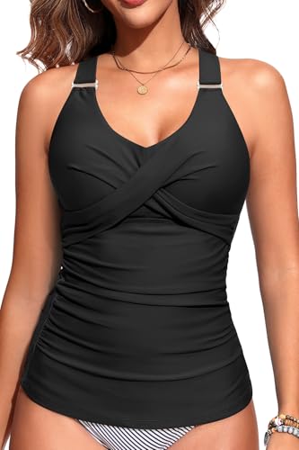 Women Tankini Top Only - Twist Front Tummy Control Swim Bathing Suit Top Adjustable Cross Back No Bottom 20254