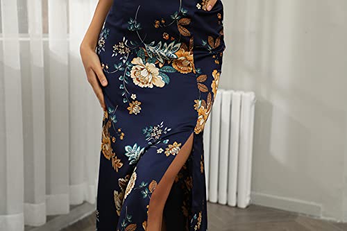 Image of Tsher Women's Sleeveless Spaghetti Strap Satin Wedding Guest Party Dress Cowl Neck Backless Midi Formal Dresses
