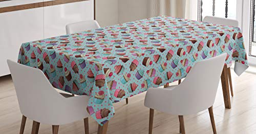 Ambesonne Dessert Tablecloth, Repeating Pattern Of Yummy Cupcakes With Rose And Cherry Toppers On Hearts Backdrop, Rectangular Table Cover For Dining Room Kitchen Decor, 52" X 70", Multicolor #TOP6
