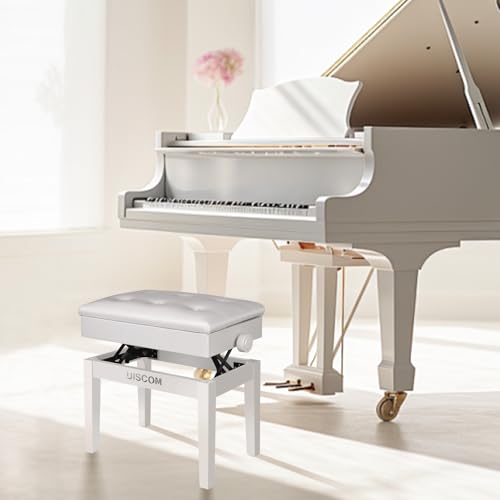 UISCOM Piano Bench with Storage Adjustable Solid Wood Keyboard Bench - Heavy Duty Wooden Piano Stool Padded with Cushion, Keyboard Stool (White)