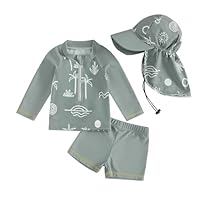 Baby-Badeanzug für Jungen, 3-teilig, UV-Schutz, Langarm-T-Shirt + Badeshorts + Sonnenhut, Badeanzug, Schwimmbad, Strand, Grünes Muster, 2- 3 Jahre
