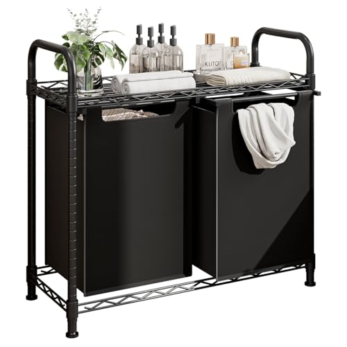 Cesto Ropa Sucia con Ruedas,Cesto de ropa sucia con estantes, 3 bolsas de lavandería de tela Oxford desmontables, 3x50L,Negro,93x33x73cm (2 x 50L)