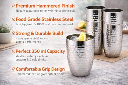 Image of Drinking Glasses Set | Premium Heavy Guage | Silver Mirror Polish | Break Resistant | Gifting Item | 350ml | Set of 6 (Mathar)