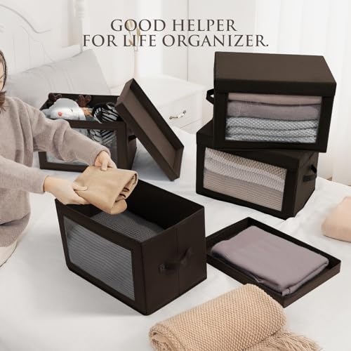 Image of Homsorout Foldable Storage Boxes with Clear Window - Clothes Organizers and Decorative Bins with Lid, Fabric Storage Cube, Baskets for Shelves, Yarn, Home, Brown, 3 Pack