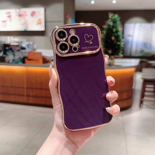 Case for iPhone 15 Pro Max Case, Cute Wave Frame Curly Shape with Love Heart Raised Full Camera Protection Cover Luxury Shockproof Phone Case for iPhone 15 Pro Max 6.7' Women Girls, Dark Purple
