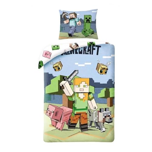 Juego de Cama Alex Compatible Minecraft para 1 Persona, Funda nórdica Reversible de 140 x 200 cm + Funda de Almohada