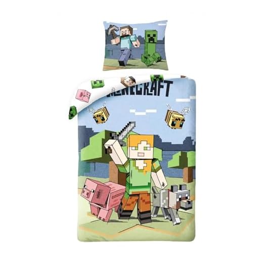 Juego de Cama Alex Compatible Minecraft para 1 Persona, Funda nórdica Reversible de 140 x 200 cm + Funda de Almohada