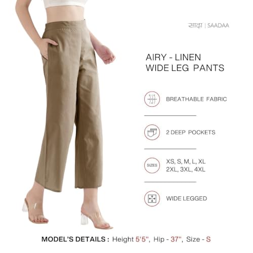 Image of SAADAA Women's Relaxed Fit Mid Rise Airy Linen Wide Leg Pants, High Waist Trousers for Formal, Casual & Office Wear