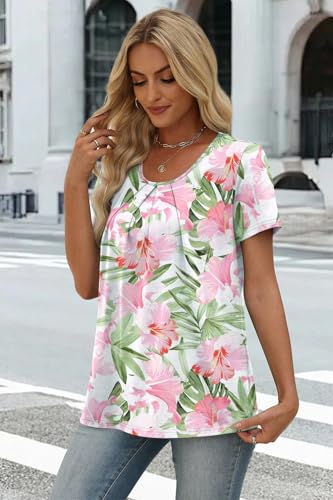 Image of WIHOLL Women T Shirts Pleated Short Sleeve Tops Business Casual Dressy Blouses