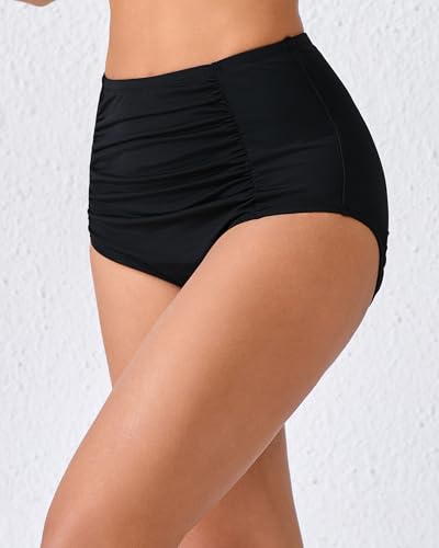 Women's High Waisted Bikini Bottoms Ruched Swim Bottoms Full Coverage Tankini Swimsuits Bottoms2