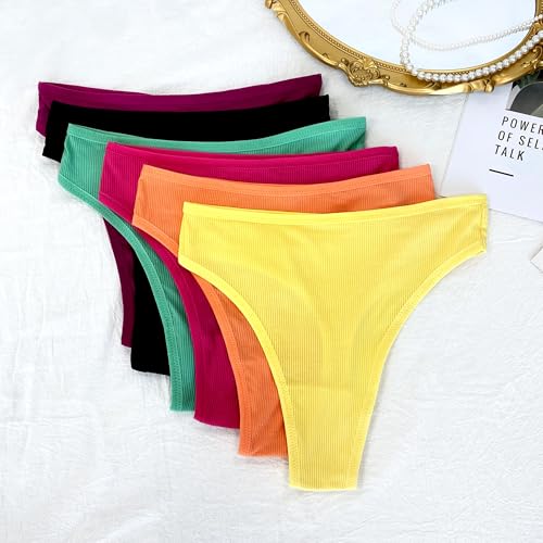 Image of High Waist Cotton Thongs Women Cotton Rib Thongs Panties 6pcs | Wironoat High Waist Cotton Thongs Women Cotton Rib Comfortable Soft Thongs Panties Pack 6