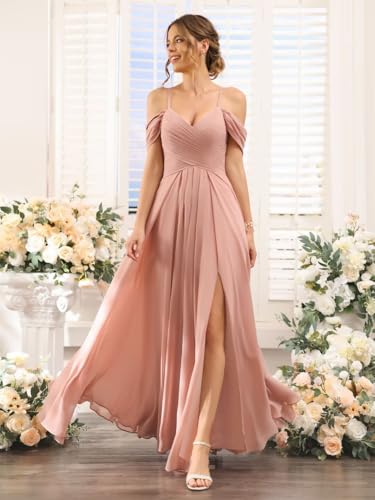 Off Shoulder Bridesmaid Dresses Long Slit 2025 Sweetheart Chiffon A Line Formal Party Dress with Pockets XOD0103