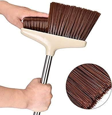 Image of Broom and Dustpan Set with Long Handle | Floor Cleaning Broom with Dust Pan Combo | Standing Dustpan with Lid | Heavy Duty Soft Bristle Floor Sweeper | Home Kitchen Office Cleaning Tools Set