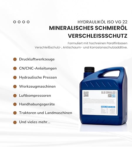 4L Hydrauliköl ISO VG HVI 22 – Schmiermittel für Hydrauliksysteme und Traktoren – Perfekt für Autos und Motorräder – Hohe Qualität und Fließfähigkeit, niedrige Viskosität