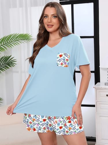 AusLook Plus Size Pajama Set for Women 2 Piece V Neck Short Sleeve Loungewear 3X Set with Pajama Printed Shorts Summer Sleepwear Loose Fit 1X-5X — view 2