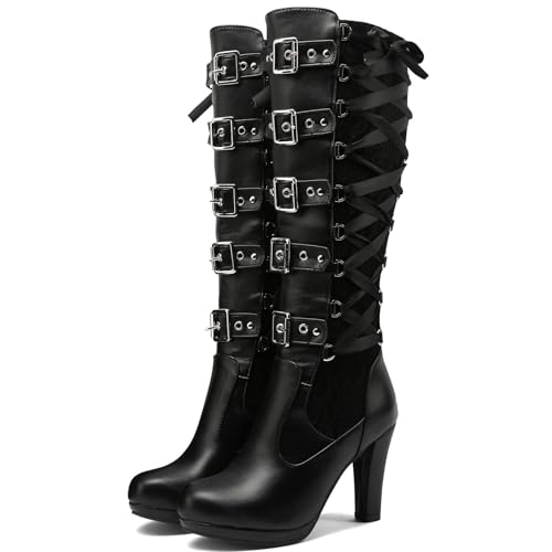 Women Lace Goth Knee High Boots Buckle Block Heel Lace Up Knee Boots Punk Platform Back Zipper Riding Combat Bootie